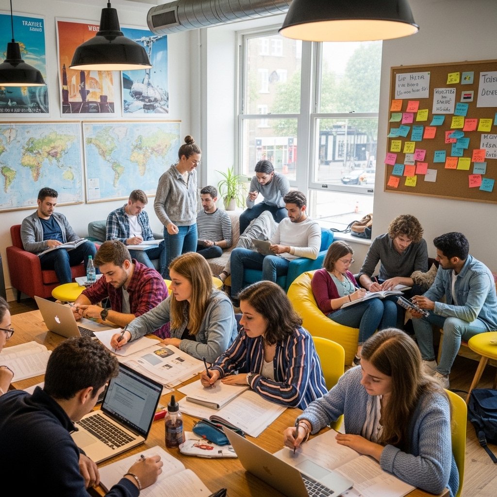 International Hostel Students Studying