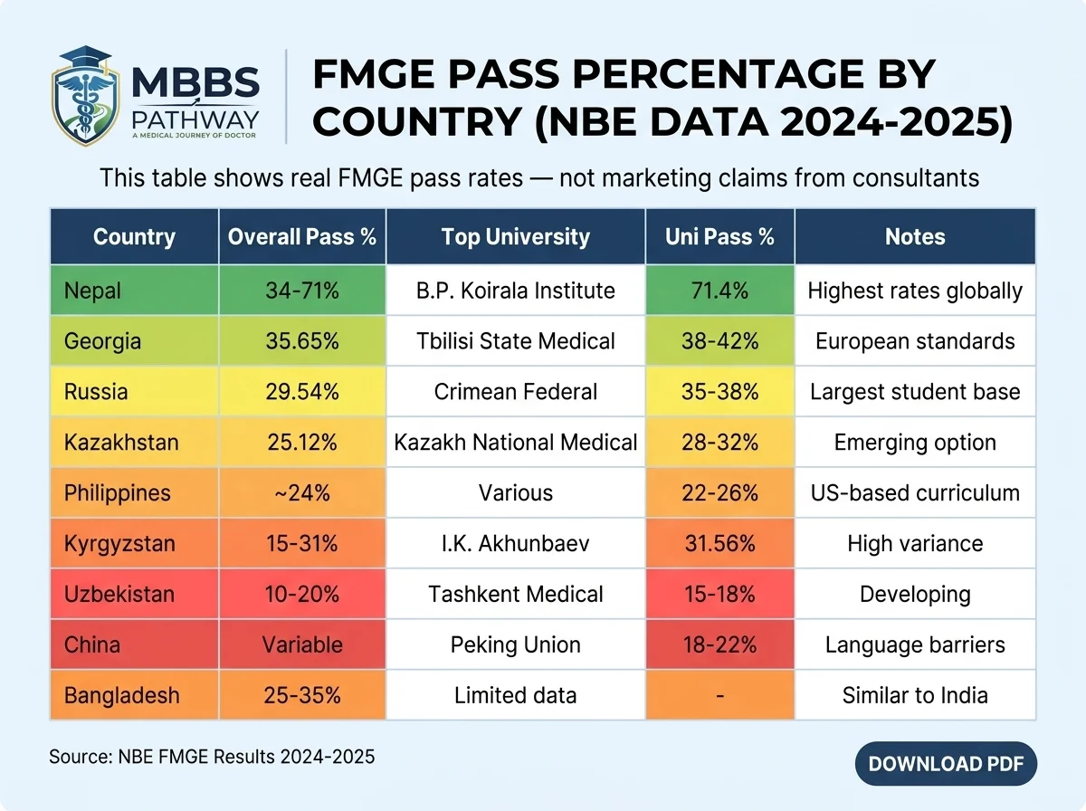 Detailed table showing FMGE pass percentage for Nepal, Georgia, Russia, Kazakhstan, Philippines, Kyrgyzstan, Uzbekistan, China, and Bangladesh with actual NBE data
