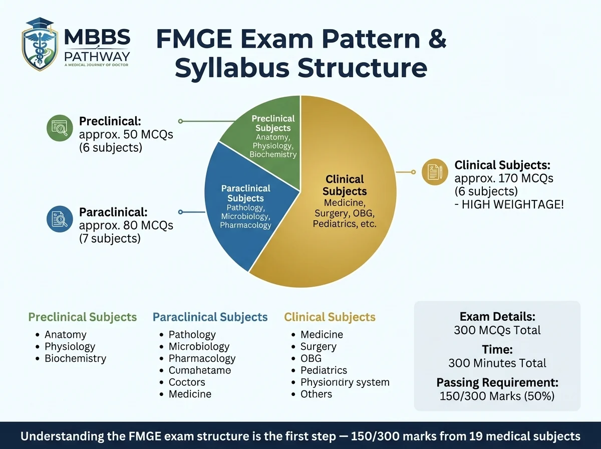 FMGE exam pattern showing 300 MCQs divided into preclinical, paraclinical, and clinical subjects with 50% passing requirement