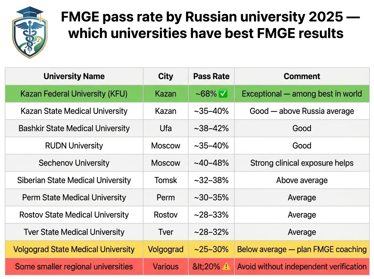 FMGE pass rate by Russian university 2025 — comparison chart of FMGE results for top medical colleges in Russia