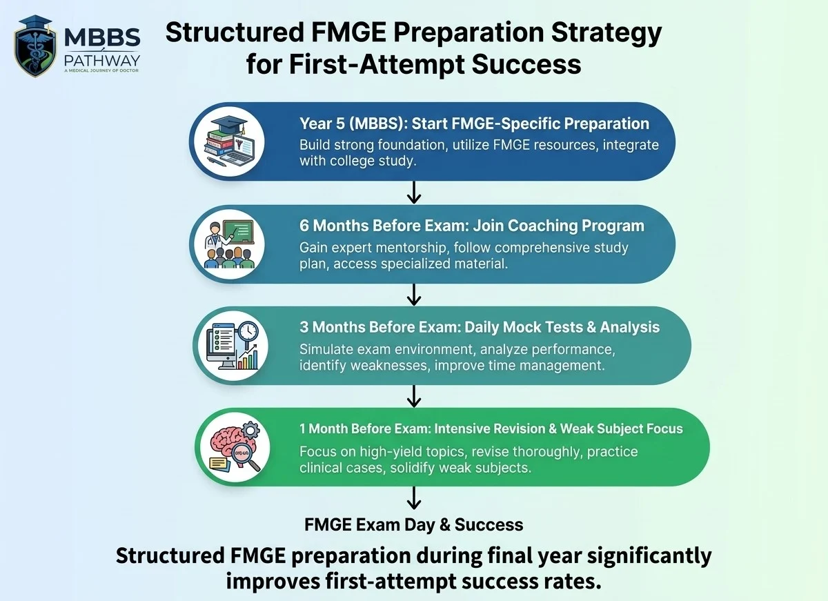 Infographic showing step-by-step FMGE preparation strategy including mock tests, subject-wise study plan, and clinical case practice