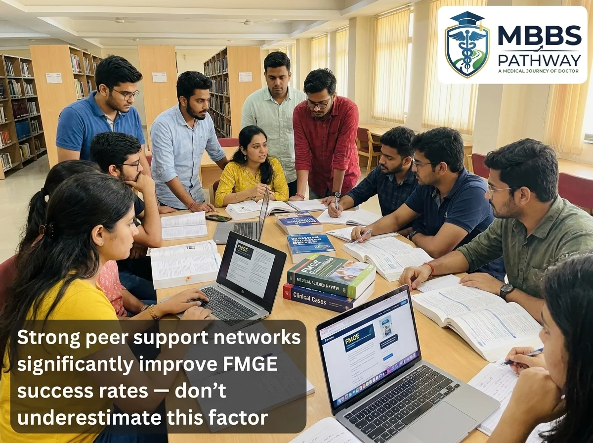 Indian medical students studying together in a library preparing for FMGE examination with textbooks and laptops