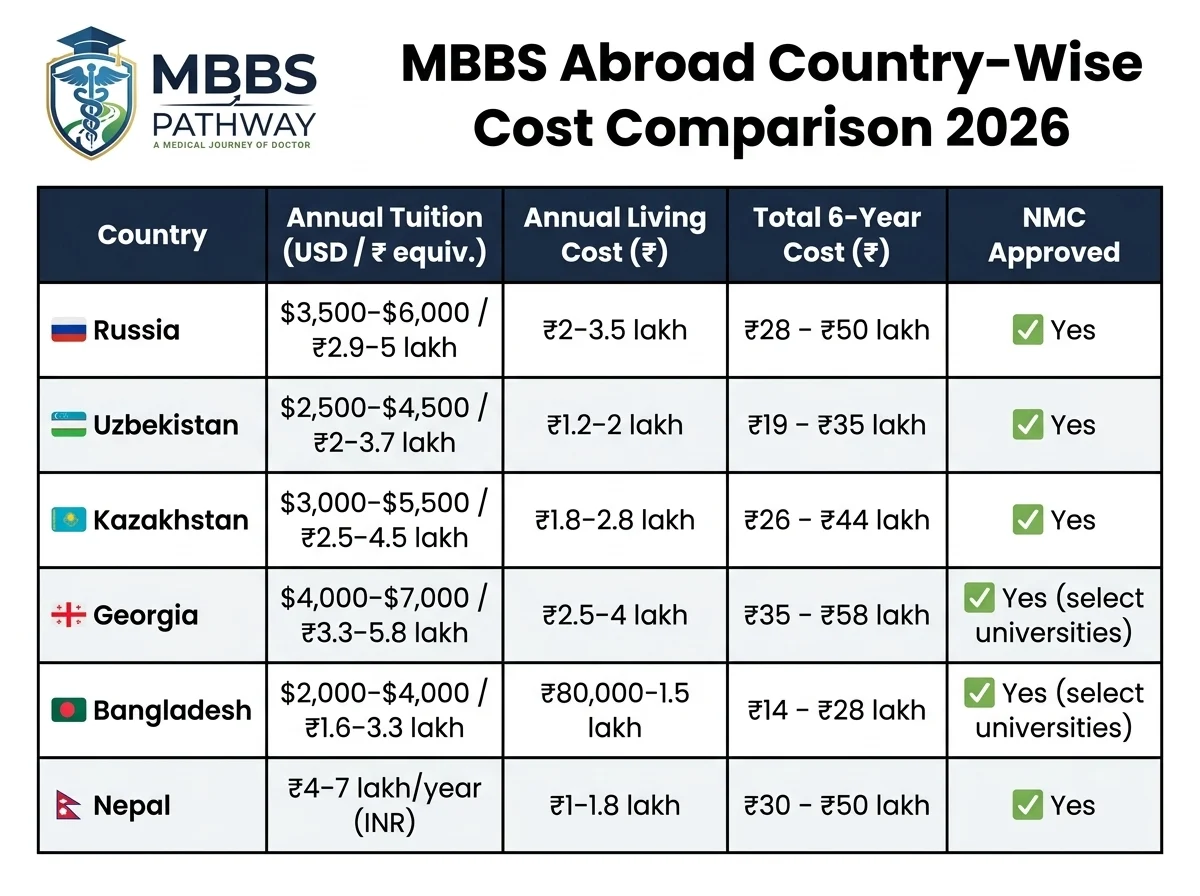 MBBS abroad country-wise cost comparison 2026 — Russia, Uzbekistan, Kazakhstan, Georgia, Bangladesh, Nepal bar chart