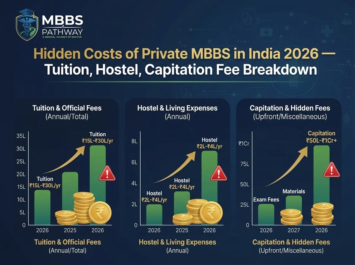 Hidden costs of private MBBS in India 2026 — tuition, hostel, capitation fee breakdown infographic
