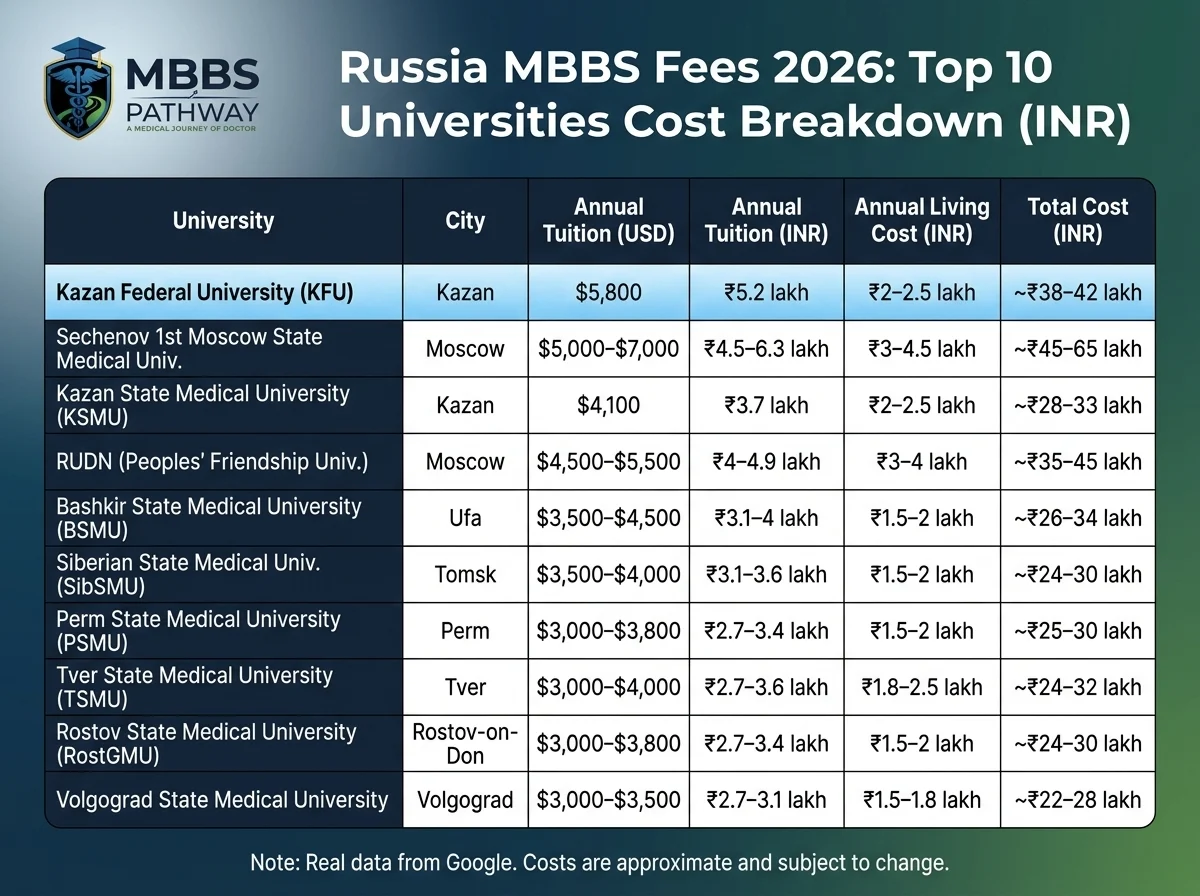 Russia MBBS fees 2026 university-wise breakdown in INR — top 10 NMC-approved medical colleges