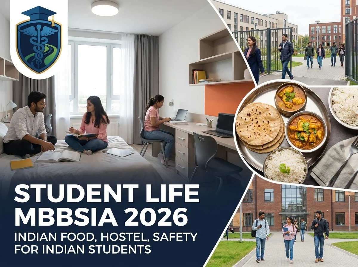 Student life for Indian students pursuing MBBS in Russia 2026 — hostel, Indian food, campus life