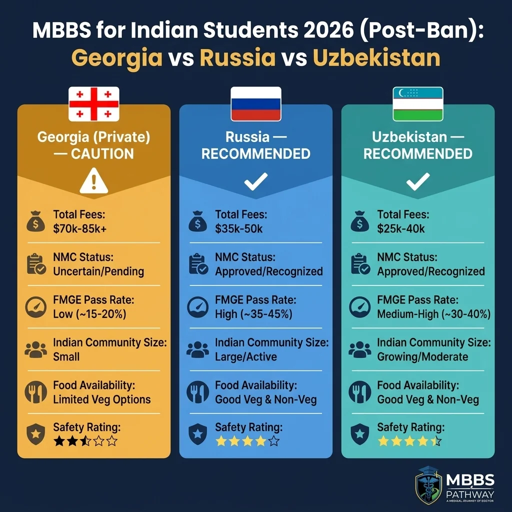 Comparison of Georgia MBBS vs Russia and Uzbekistan for Indian students in 2026 after ban