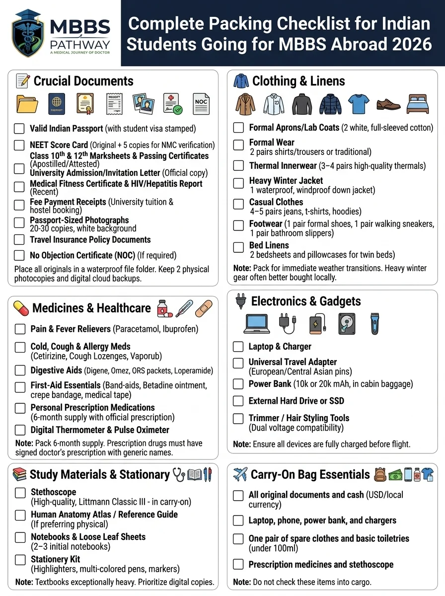 Complete packing checklist for Indian students going for MBBS abroad 2026 documents clothes medicines