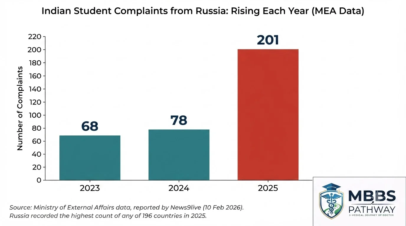 Indian student complaints from Russia 2023 to 2025 MEA data chart