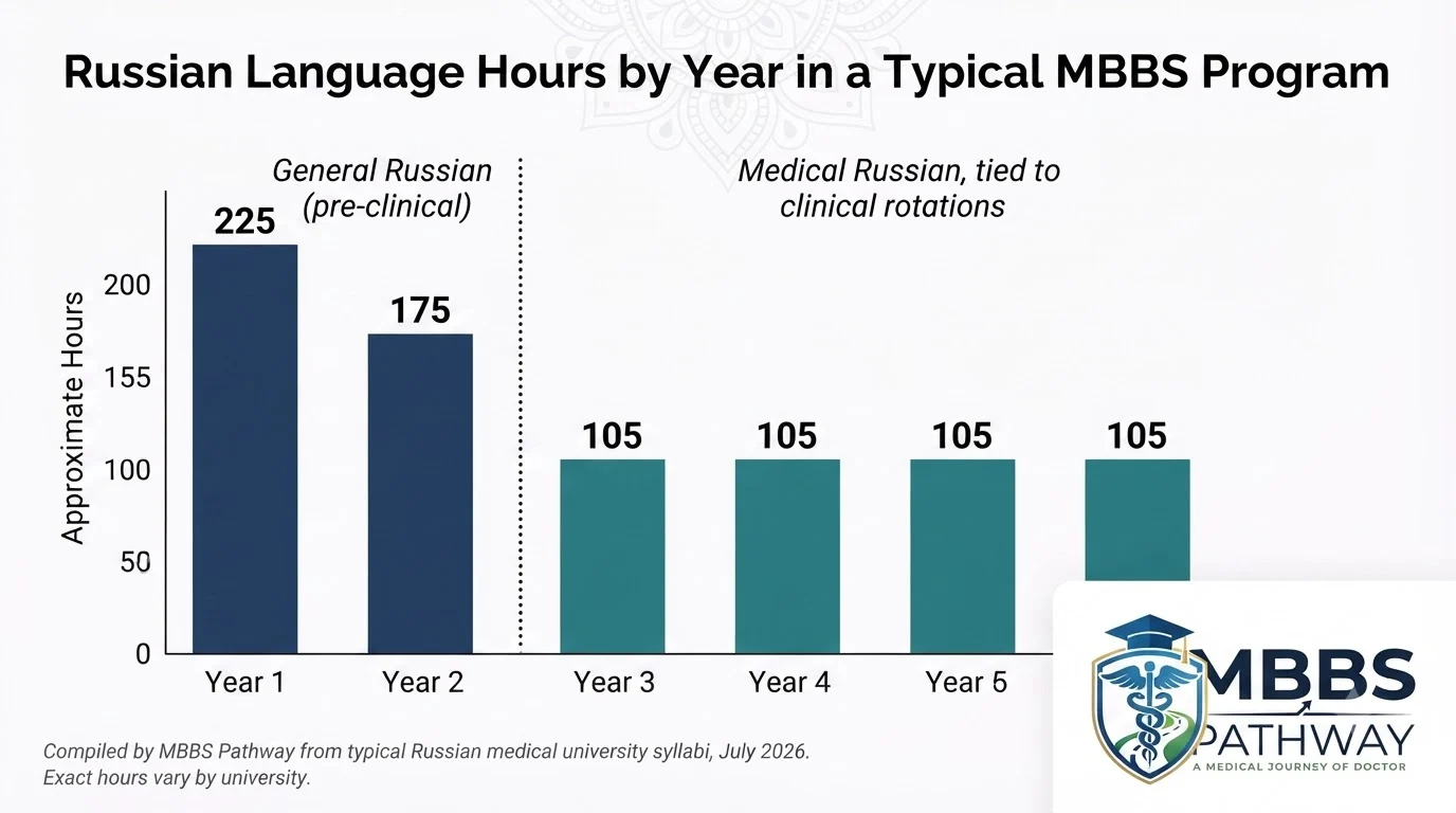 Russian language teaching hours by year in MBBS Russia program