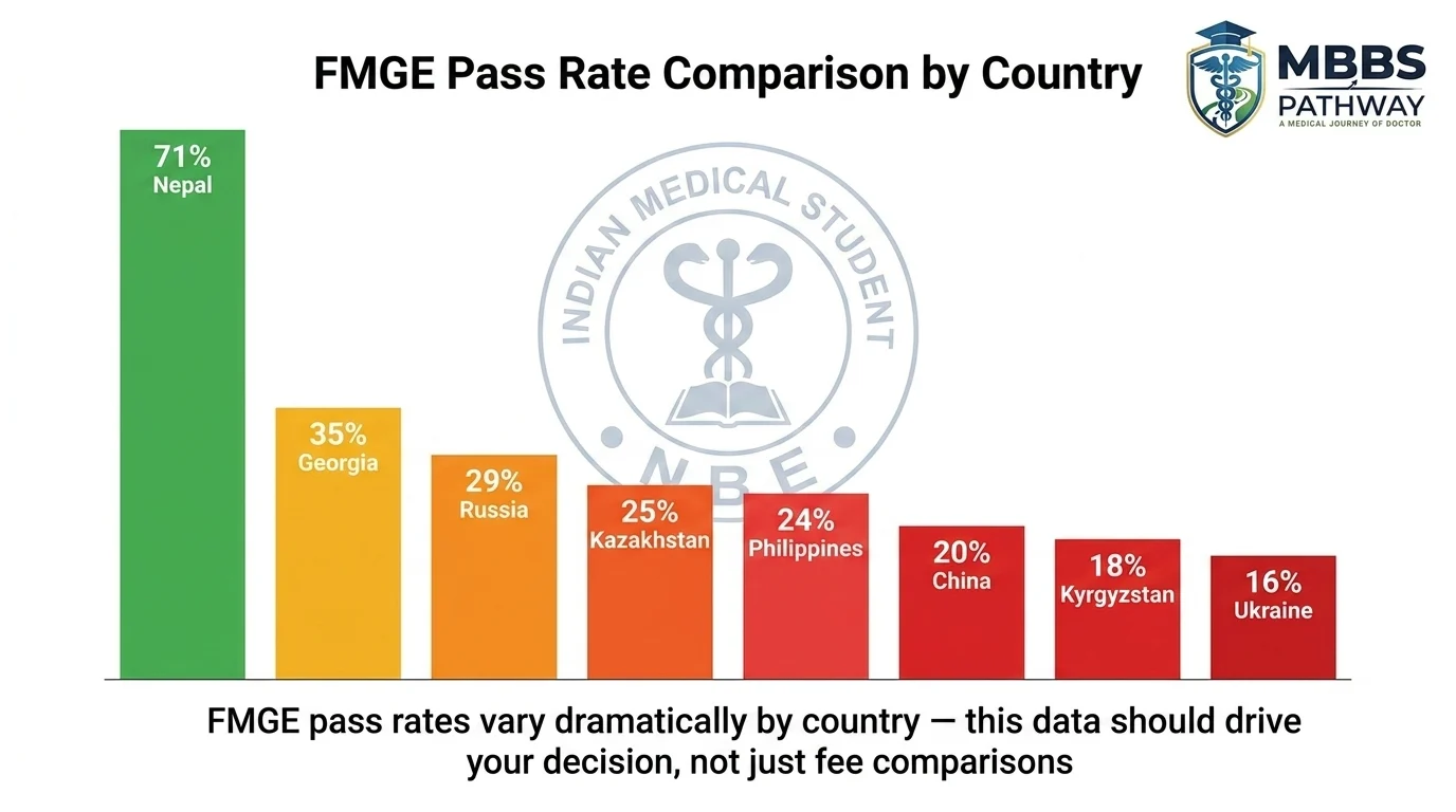 FMGE pass rate comparison chart showing Nepal 71%, Georgia 35%, Russia 29%, Kazakhstan 25%, Philippines 24%, and other countries for Indian medical students