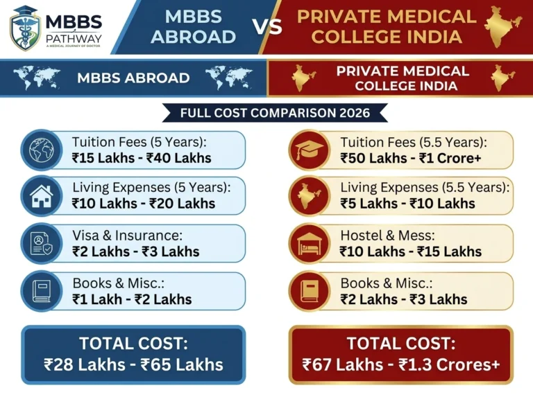 MBBS abroad vs private medical college India — full cost comparison 2026 infographic