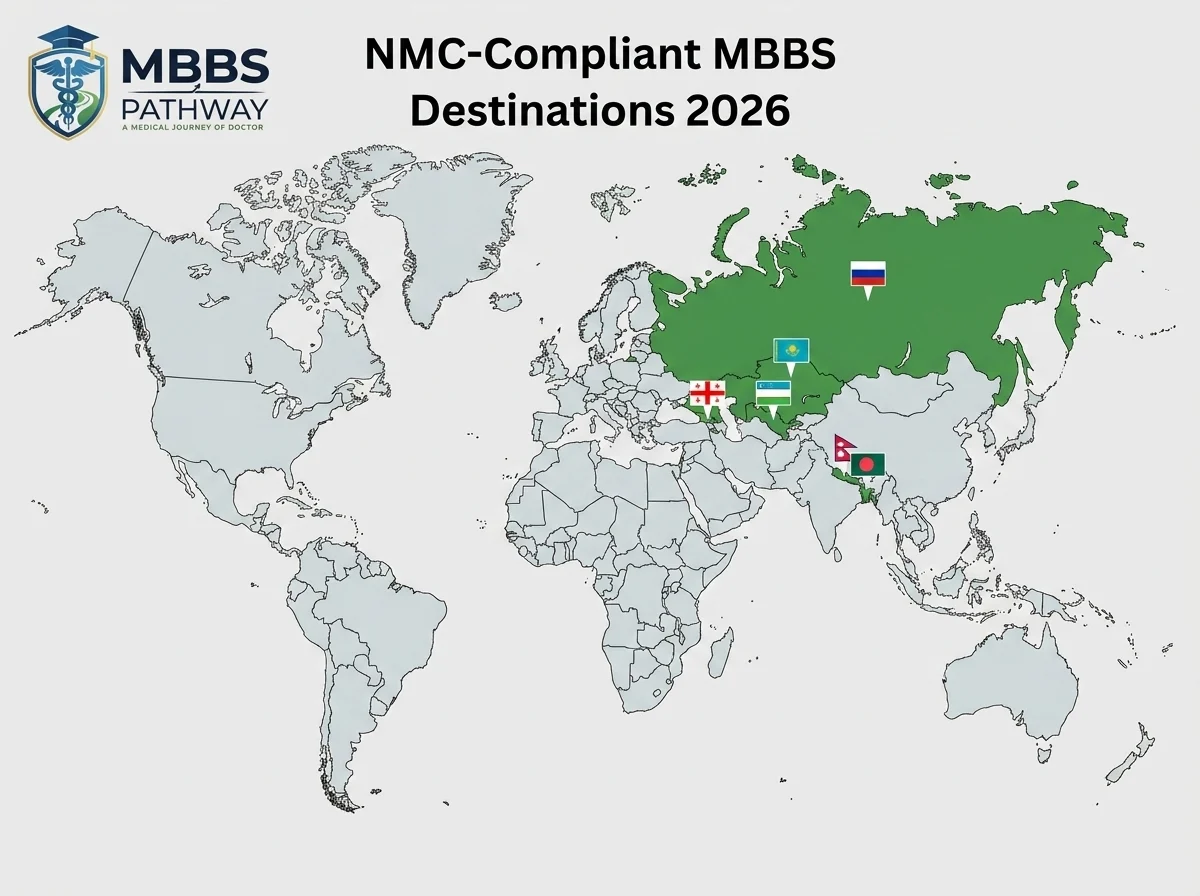 NMC approved countries for MBBS abroad 2026 — Russia, Georgia, Kazakhstan, Uzbekistan, Bangladesh