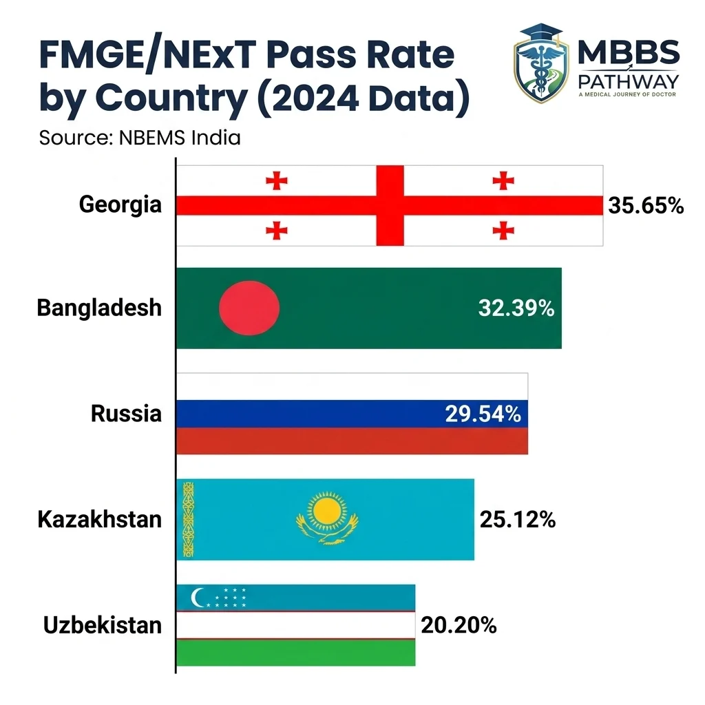 Country-wise NExT FMGE pass rate comparison for MBBS abroad graduates India 2024 2025