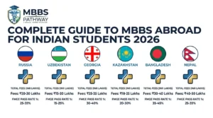 Complete guide to MBBS abroad for Indian students 2026 showing comparison of countries including Russia Uzbekistan Georgia
