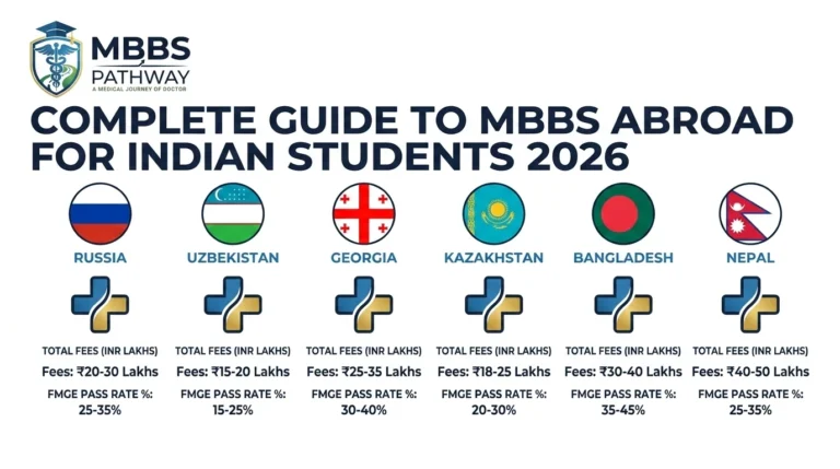 Complete guide to MBBS abroad for Indian students 2026 showing comparison of countries including Russia Uzbekistan Georgia