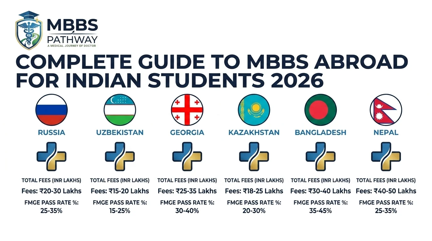 Complete guide to MBBS abroad for Indian students 2026 showing comparison of countries including Russia Uzbekistan Georgia