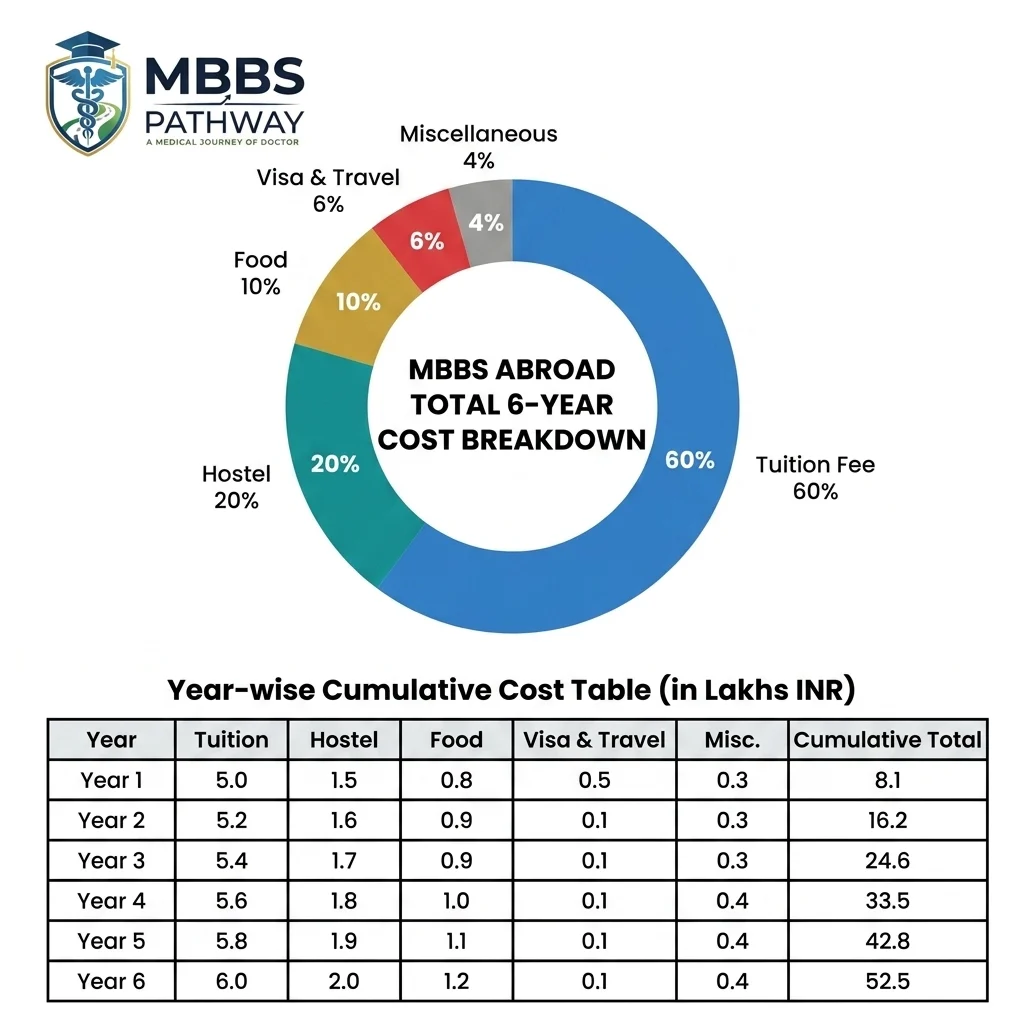 Total 6-year cost breakdown of MBBS abroad for Indian students including tuition hostel food visa travel