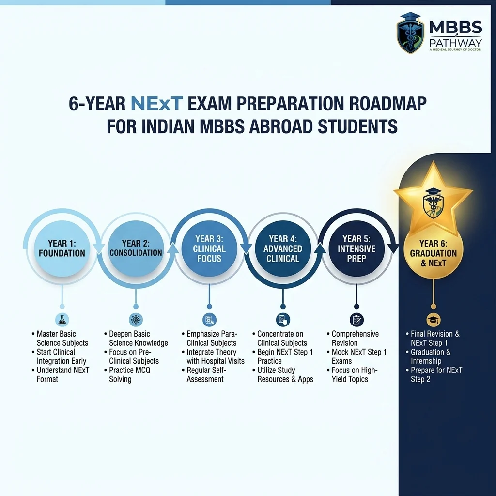 6-year NExT exam preparation roadmap for Indian MBBS abroad students from Year 1 to graduation