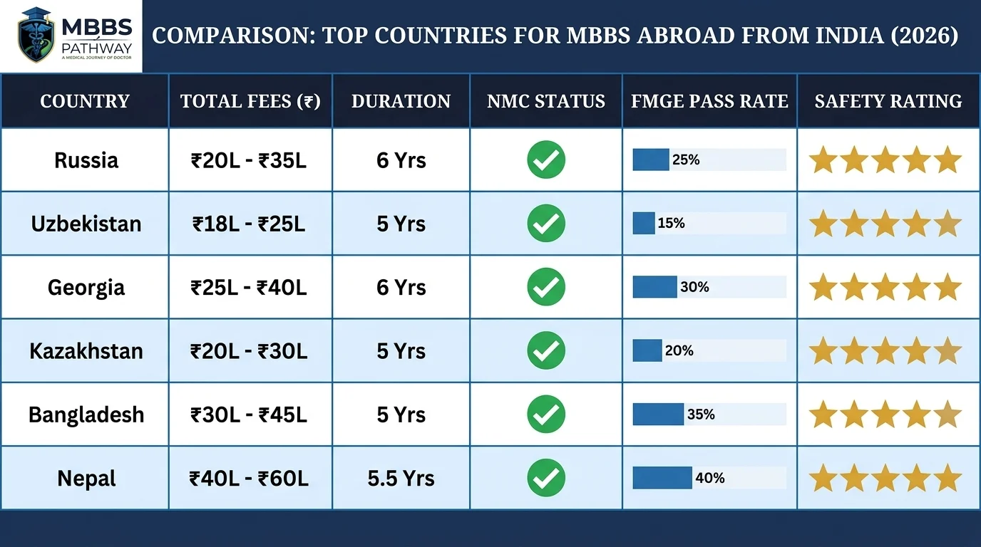 Comparison table of top countries for MBBS abroad from India showing fees duration and NMC status 2026